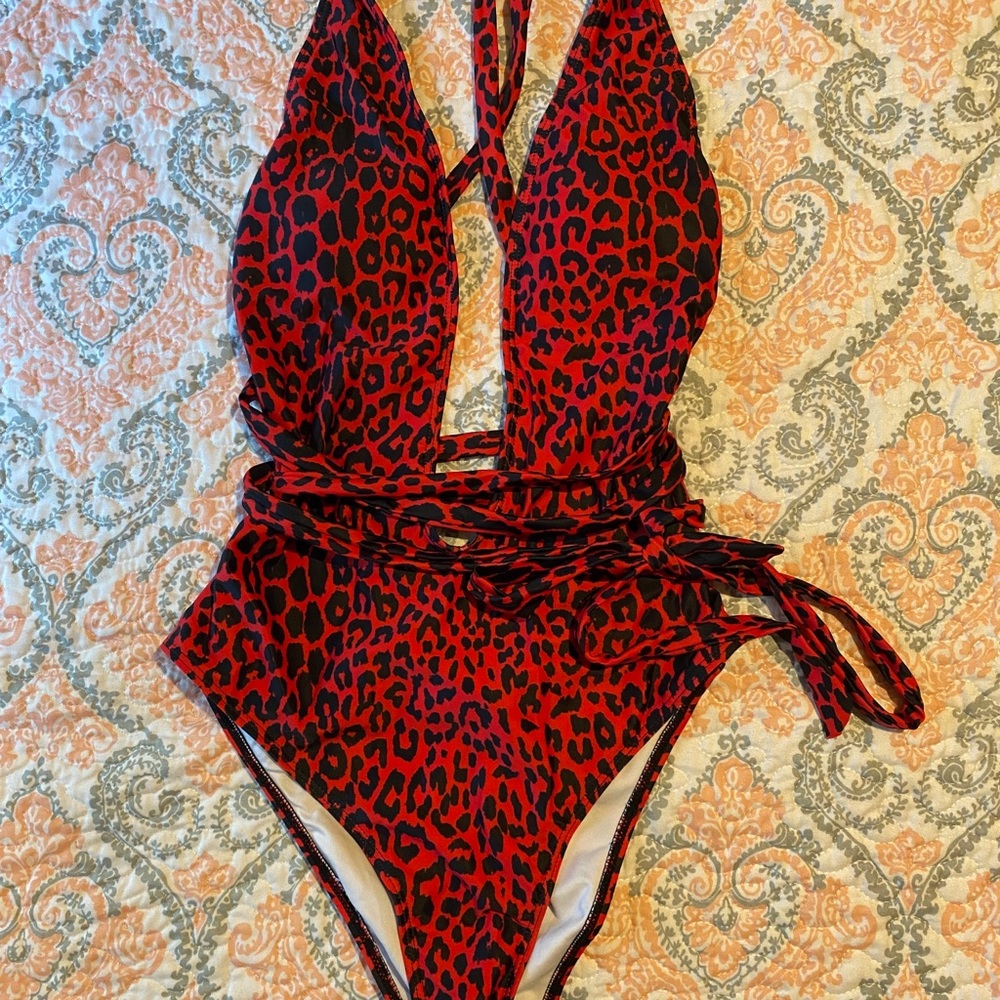 BRAND NEW!  Red and Black leopard swim suit.